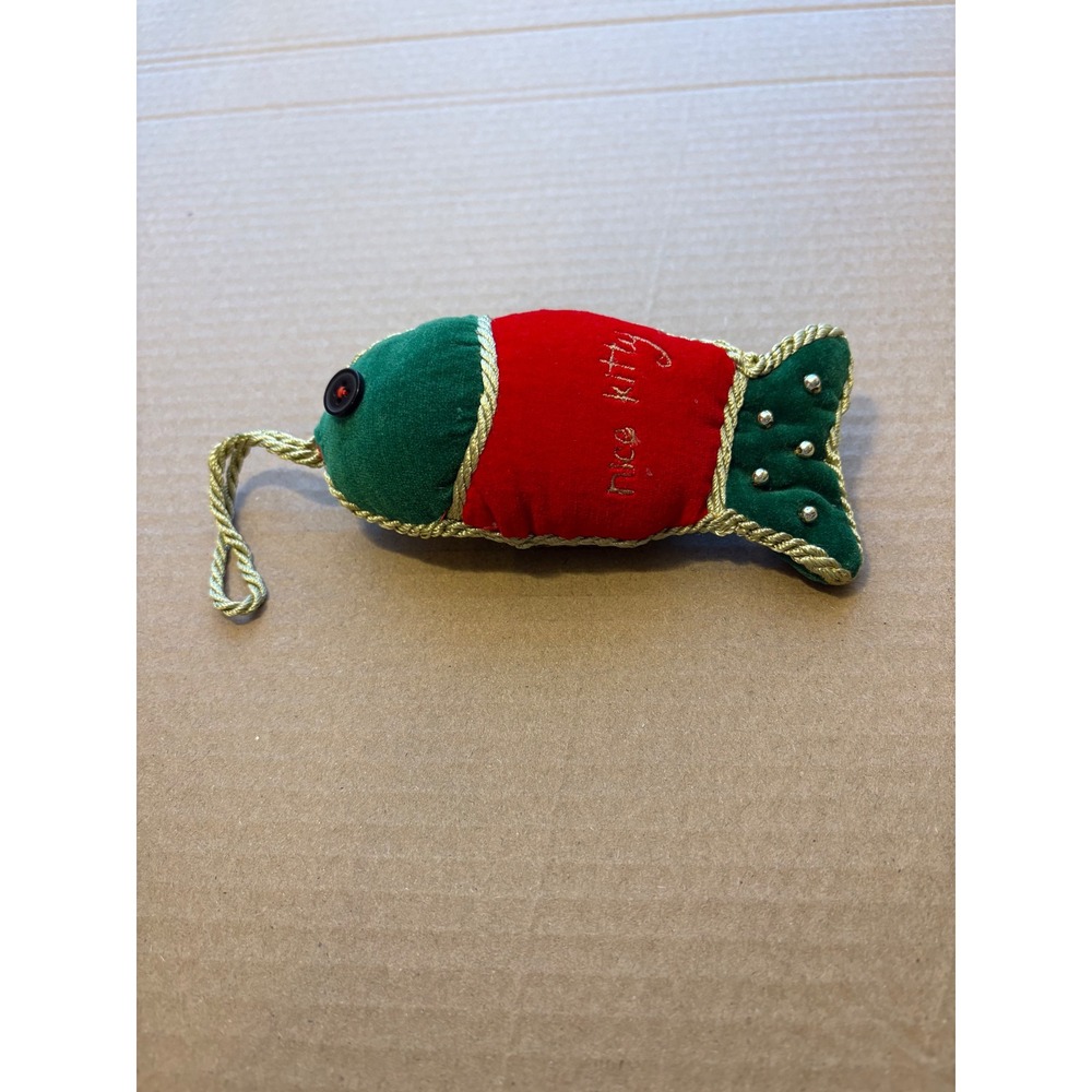 Vintage Fish Kitty Plush Ornament Red Green Gold Cord Cat‎ Toy Holiday Decor